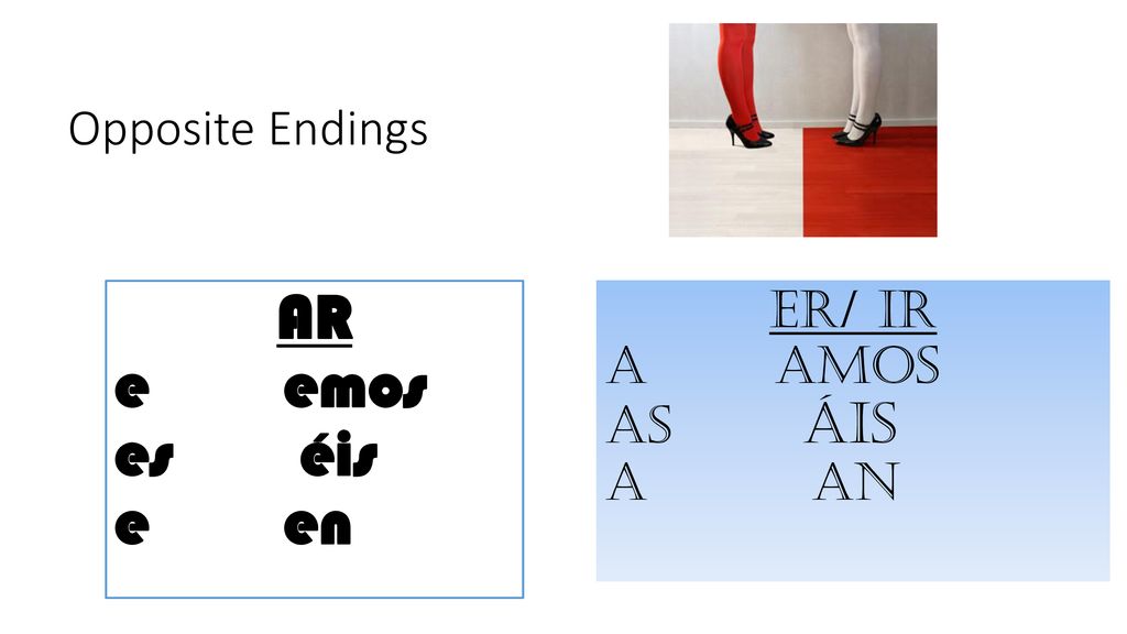 Opposite Endings AR e emos es éis e en ER/ IR a amos as áis a an