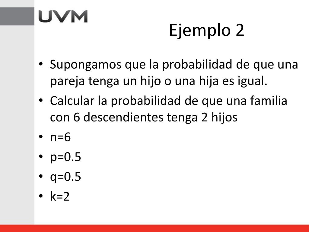 Ejemplo 2 Supongamos que la probabilidad de que una pareja tenga un hijo o una hija es igual.