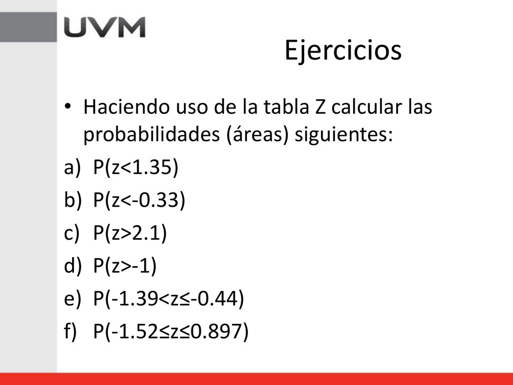 Ejercicios Haciendo uso de la tabla Z calcular las probabilidades (áreas) siguientes: P(z<1.35) P(z<-0.33)
