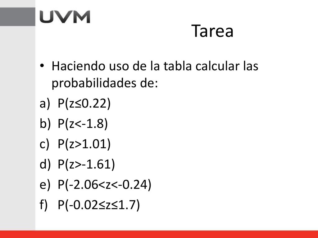 Tarea Haciendo uso de la tabla calcular las probabilidades de: