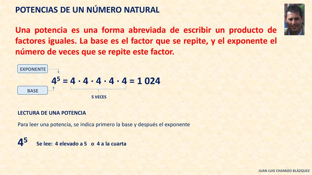 45 45 = 4 ⋅ 4 ⋅ 4 ⋅ 4 ⋅ 4 = POTENCIAS DE UN NÚMERO NATURAL