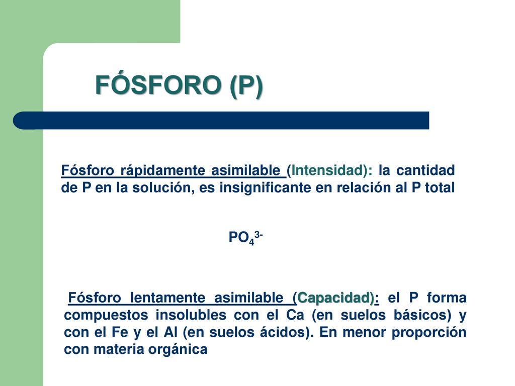 FÓSFORO (P) Fósforo rápidamente asimilable (Intensidad): la cantidad de P en la solución, es insignificante en relación al P total.
