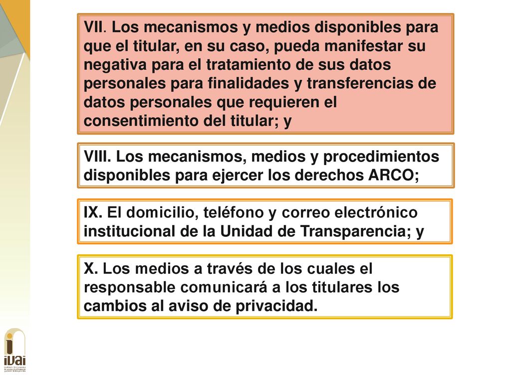 VII. Los mecanismos y medios disponibles para que el titular, en su caso, pueda manifestar su negativa para el tratamiento de sus datos personales para finalidades y transferencias de datos personales que requieren el consentimiento del titular; y