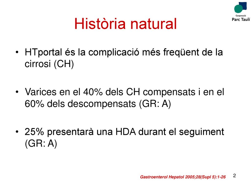 Història natural HTportal és la complicació més freqüent de la cirrosi (CH)
