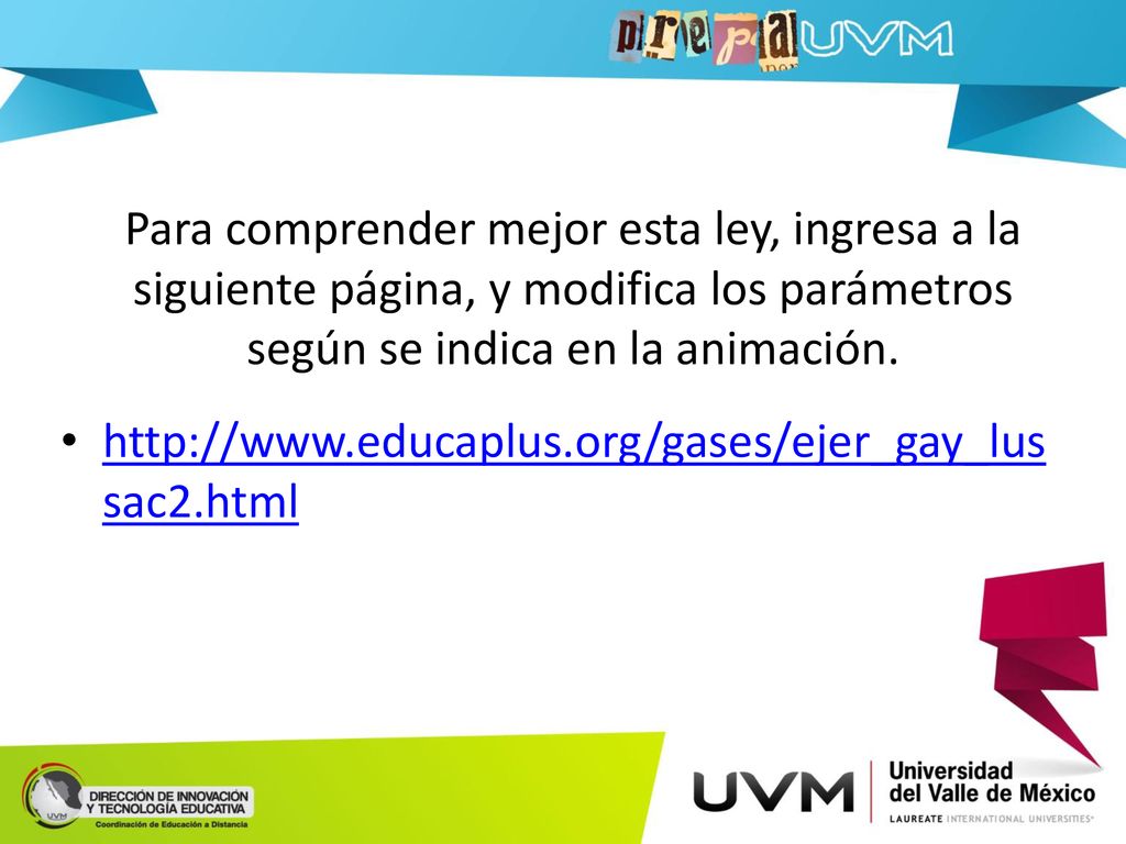 Para comprender mejor esta ley, ingresa a la siguiente página, y modifica los parámetros según se indica en la animación.
