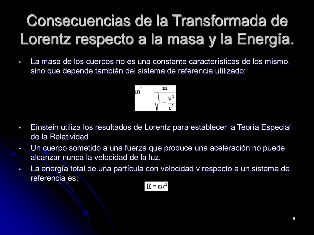 Consecuencias de la Transformada de Lorentz respecto a la masa y la Energía.