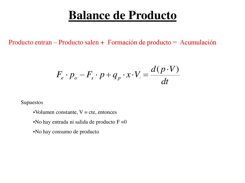 Balance de Producto Producto entran – Producto salen + Formación de producto = Acumulación Supuestos.