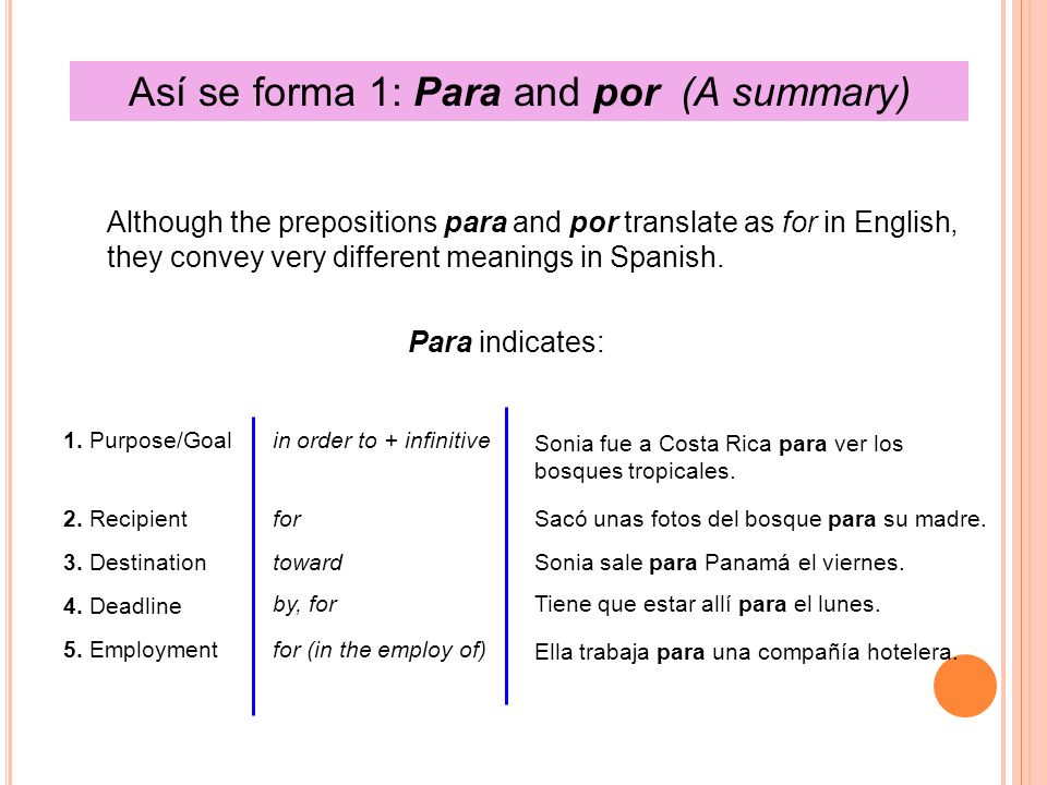 Así se forma 1: Para and por (A summary)