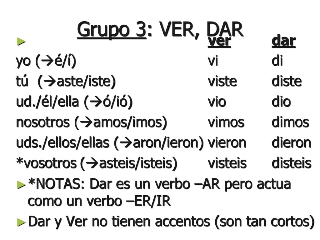 Grupo 3: VER, DAR ver dar yo (é/í) vi di tú (aste/iste) viste diste