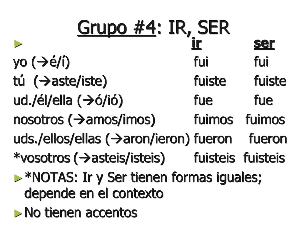 Grupo #4: IR, SER ir ser yo (é/í) fui fui