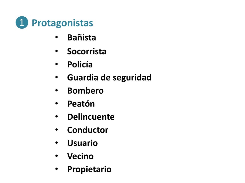 ❶ Protagonistas Bañista Socorrista Policía Guardia de seguridad