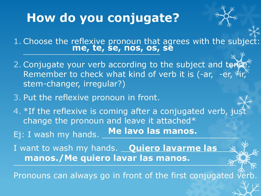 How do you conjugate me, te, se, nos, os, se Me lavo las manos.