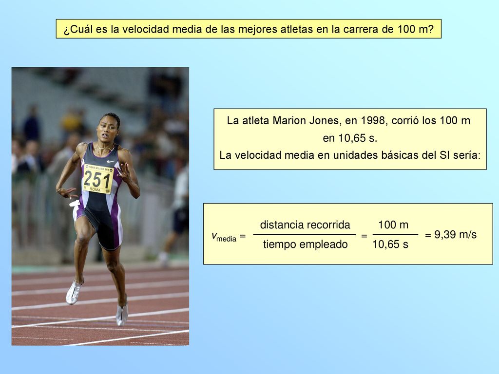 La atleta Marion Jones, en 1998, corrió los 100 m en 10,65 s.