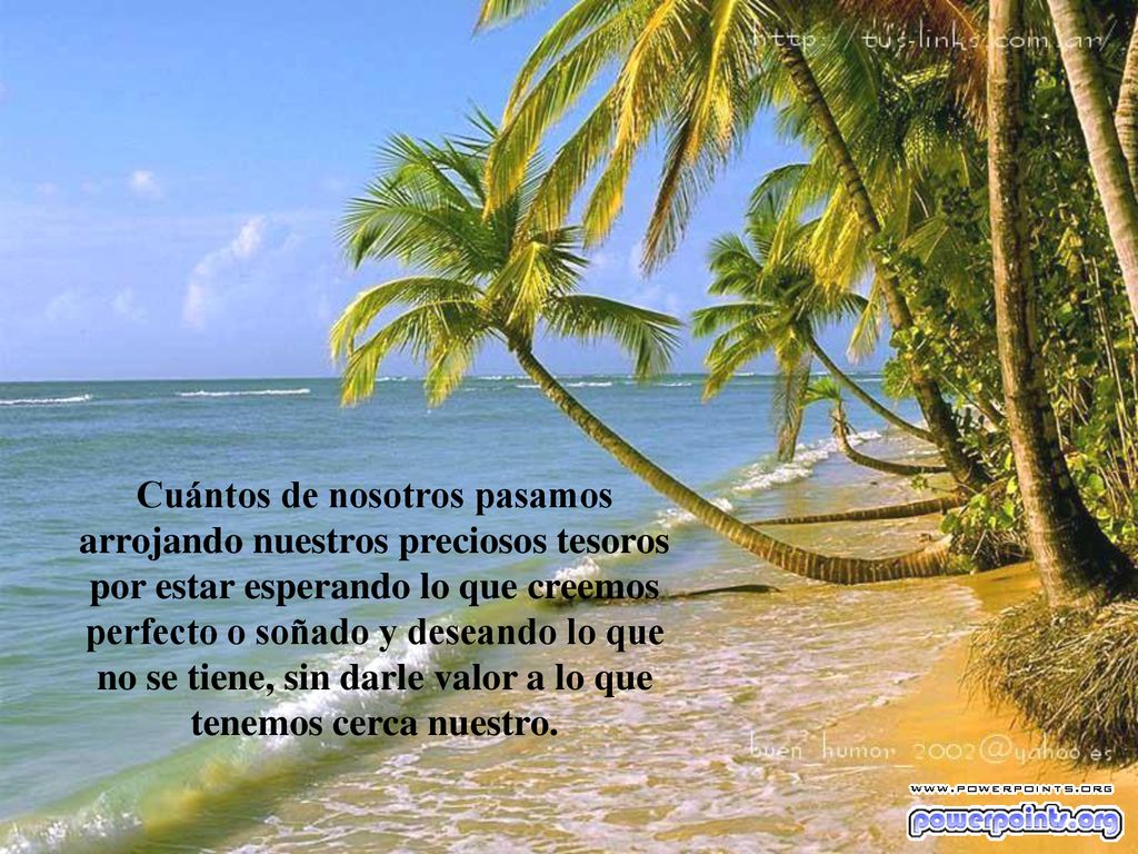 Cuántos de nosotros pasamos arrojando nuestros preciosos tesoros por estar esperando lo que creemos perfecto o soñado y deseando lo que no se tiene, sin darle valor a lo que tenemos cerca nuestro.