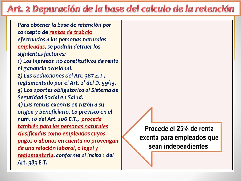 Art. 2 Depuración de la base del calculo de la retención