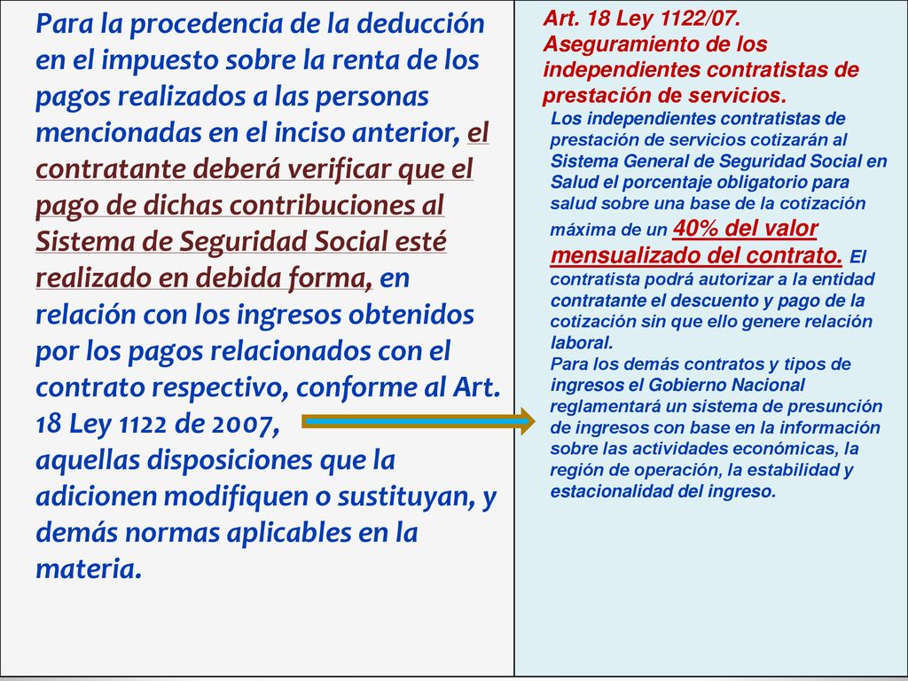 Para la procedencia de la deducción en el impuesto sobre la renta de los pagos realizados a las personas mencionadas en el inciso anterior, el contratante deberá verificar que el pago de dichas contribuciones al Sistema de Seguridad Social esté realizado en debida forma, en relación con los ingresos obtenidos por los pagos relacionados con el contrato respectivo, conforme al Art. 18 Ley 1122 de 2007,