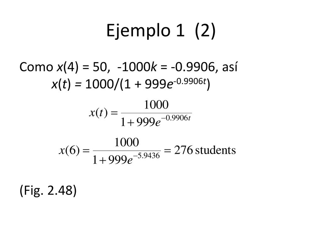 Ejemplo 1 (2) Como x(4) = 50, -1000k = , así x(t) = 1000/( e t) (Fig. 2.48)