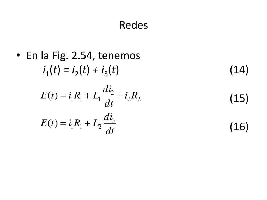 Redes En la Fig. 2.54, tenemos i1(t) = i2(t) + i3(t) (14) (15) (16)