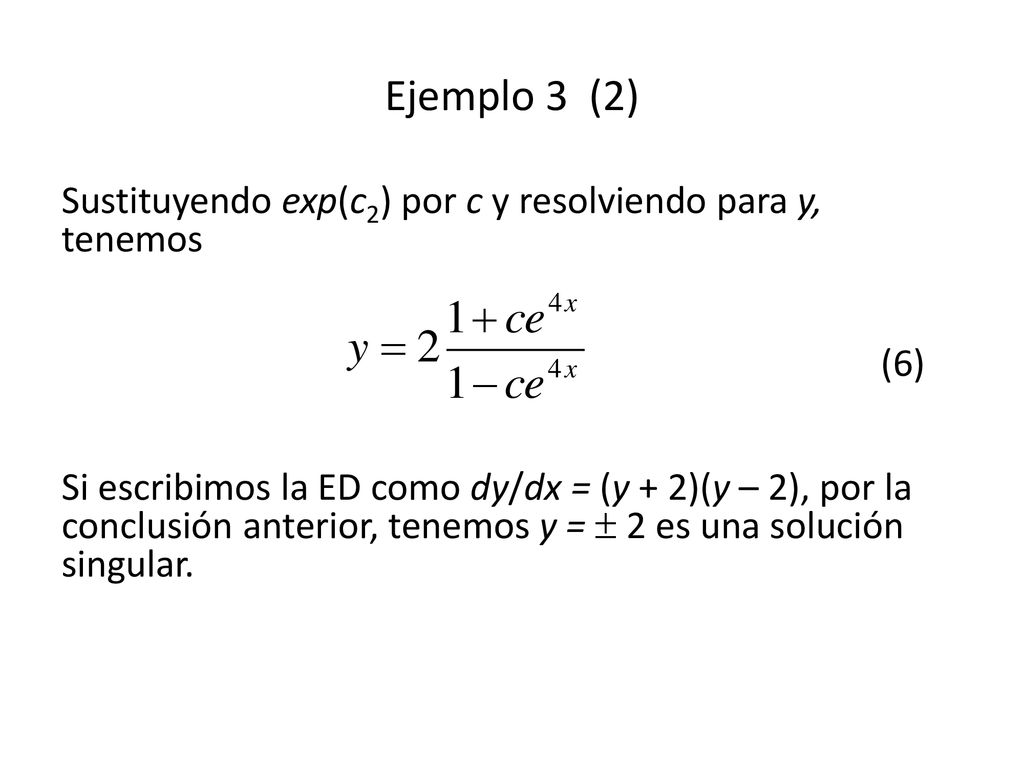 Ejemplo 3 (2) Sustituyendo exp(c2) por c y resolviendo para y, tenemos