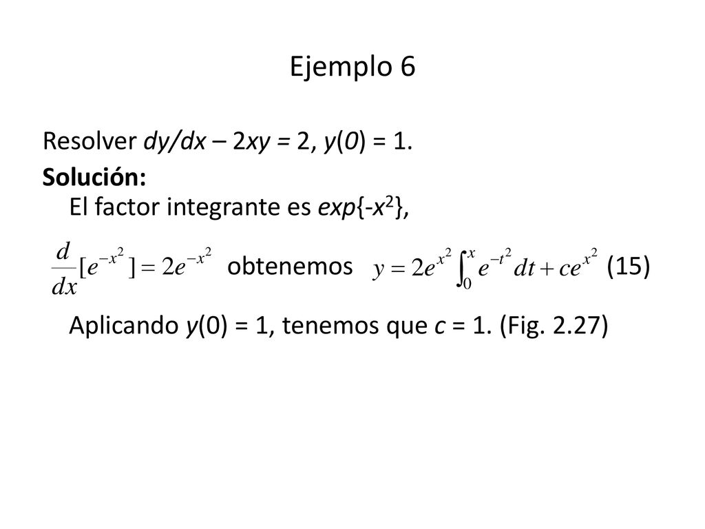 Ejemplo 6 Resolver dy/dx – 2xy = 2, y(0) = 1.