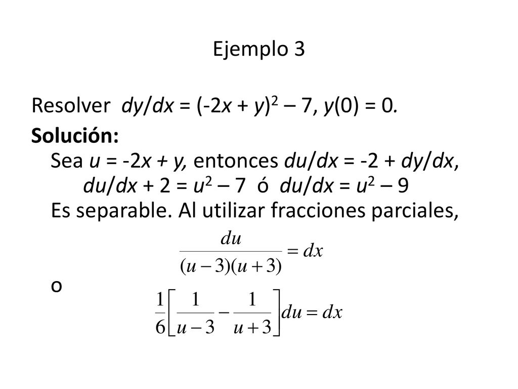 Ejemplo 3 Resolver dy/dx = (-2x + y)2 – 7, y(0) = 0.