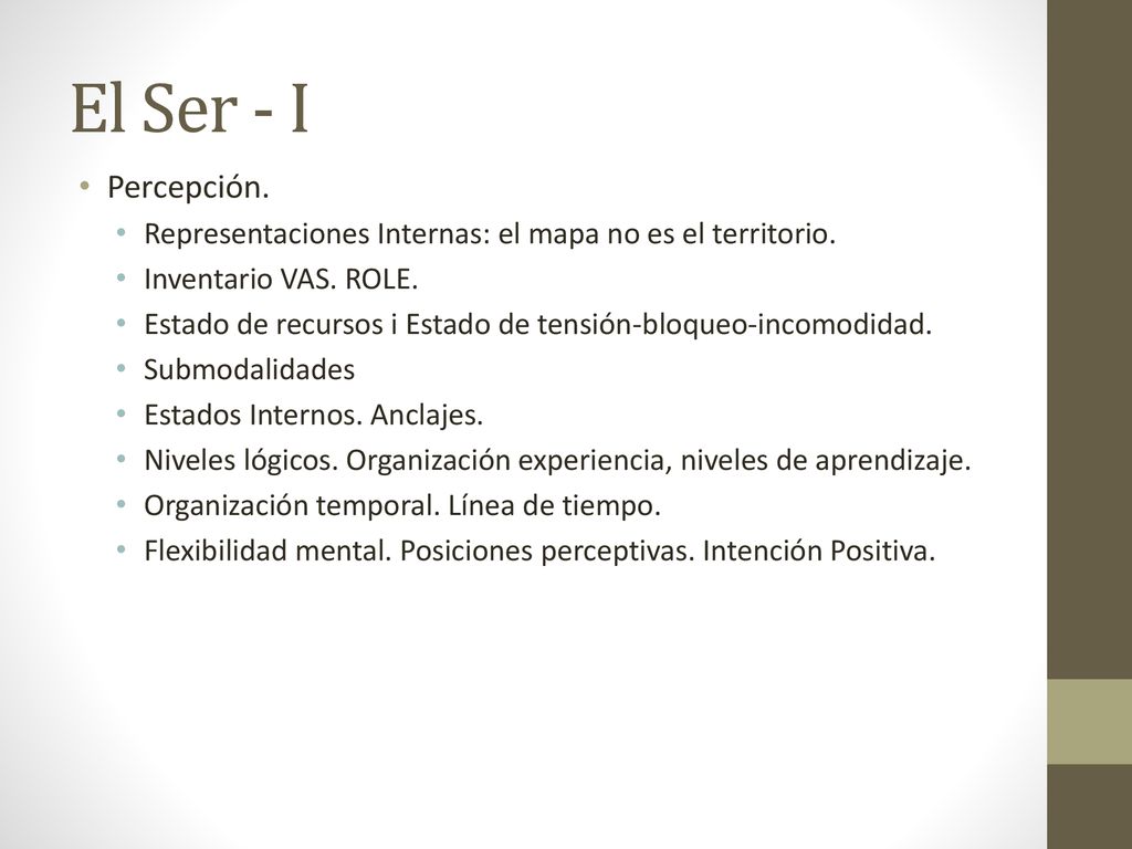 El Ser - I Percepción. Representaciones Internas: el mapa no es el territorio. Inventario VAS. ROLE.