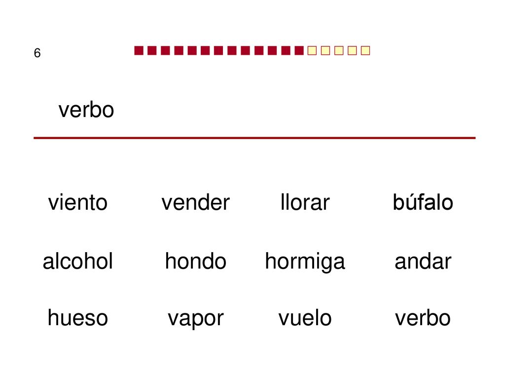 verbo viento vender llorar búfalo alcohol hondo hormiga andar hueso