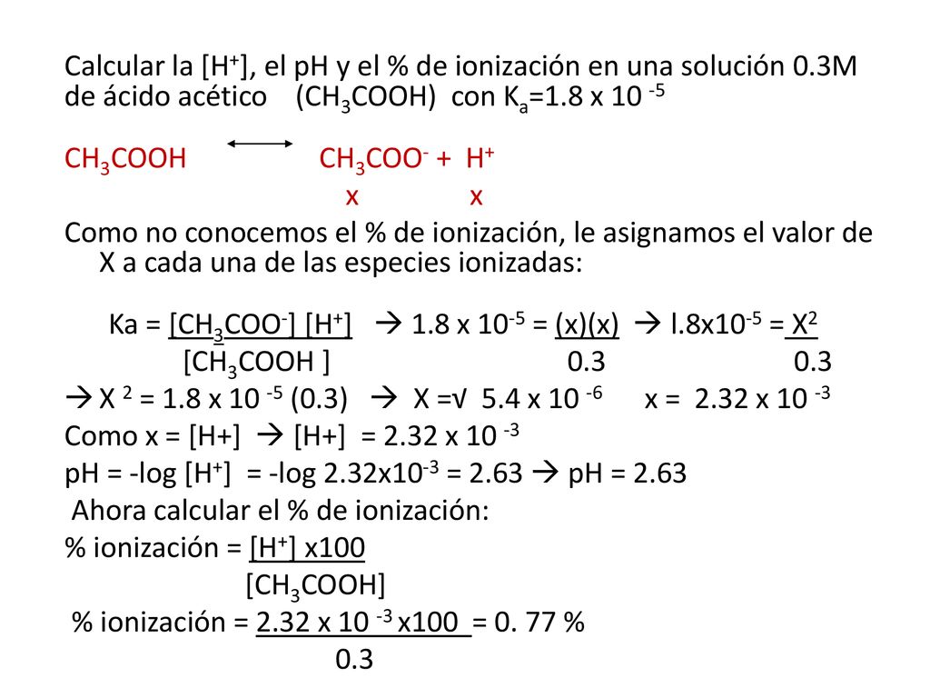 Calcular la [H+], el pH y el % de ionización en una solución 0