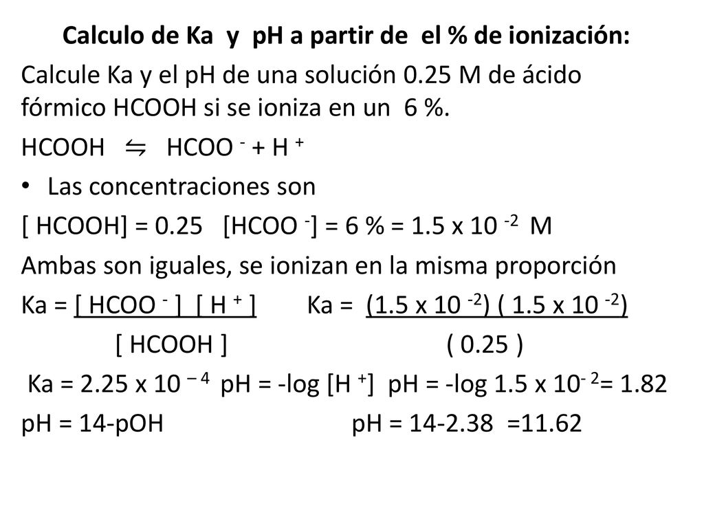 Calculo de Ka y pH a partir de el % de ionización: