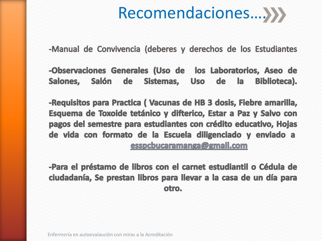 -Manual de Convivencia (deberes y derechos de los Estudiantes -Observaciones Generales (Uso de los Laboratorios, Aseo de Salones, Salón de Sistemas, Uso de la Biblioteca). -Requisitos para Practica ( Vacunas de HB 3 dosis, Fiebre amarilla, Esquema de Toxoide tetánico y difterico, Estar a Paz y Salvo con pagos del semestre para estudiantes con crédito educativo, Hojas de vida con formato de la Escuela diligenciado y enviado a -Para el préstamo de libros con el carnet estudiantil o Cédula de ciudadanía, Se prestan libros para llevar a la casa de un día para otro.