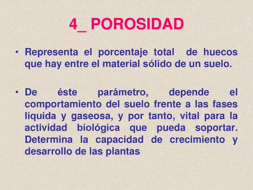 4_ POROSIDAD Representa el porcentaje total de huecos que hay entre el material sólido de un suelo.