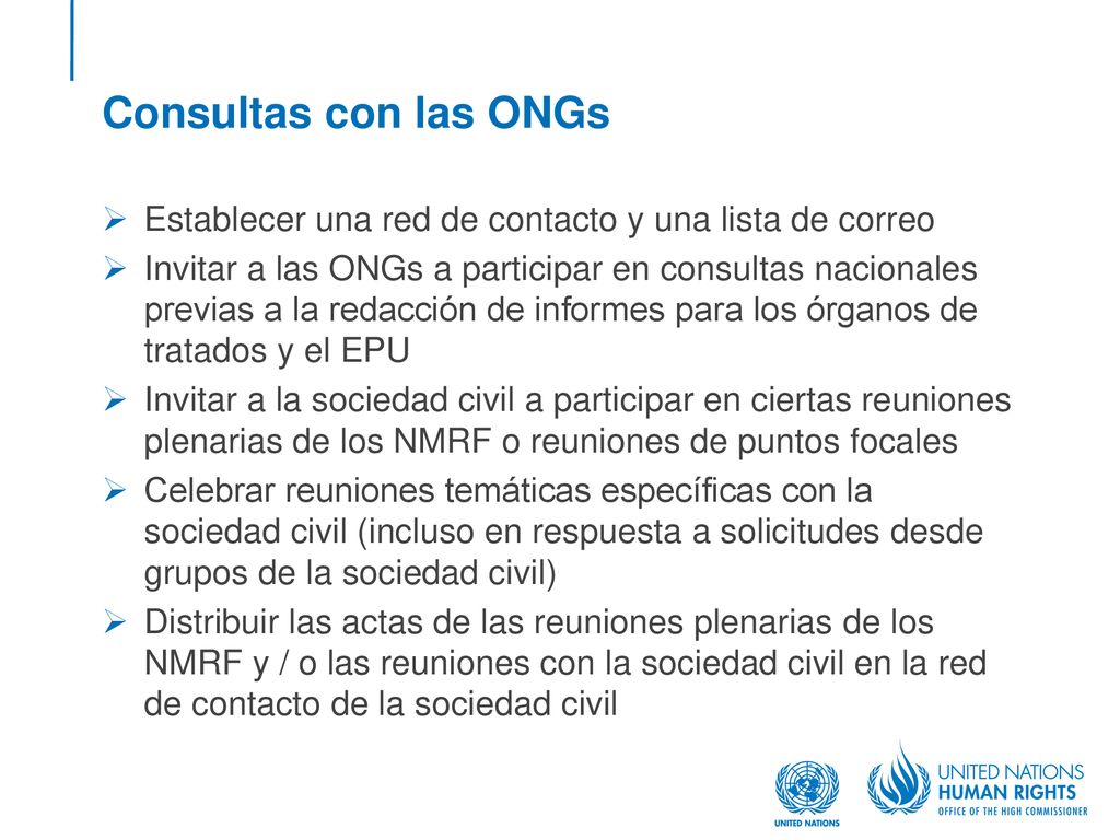 Consultas con las ONGs Establecer una red de contacto y una lista de correo.