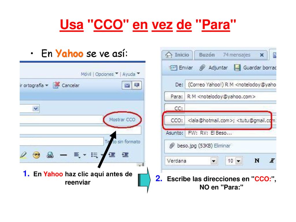 Usa CCO en vez de Para En Yahoo se ve así: