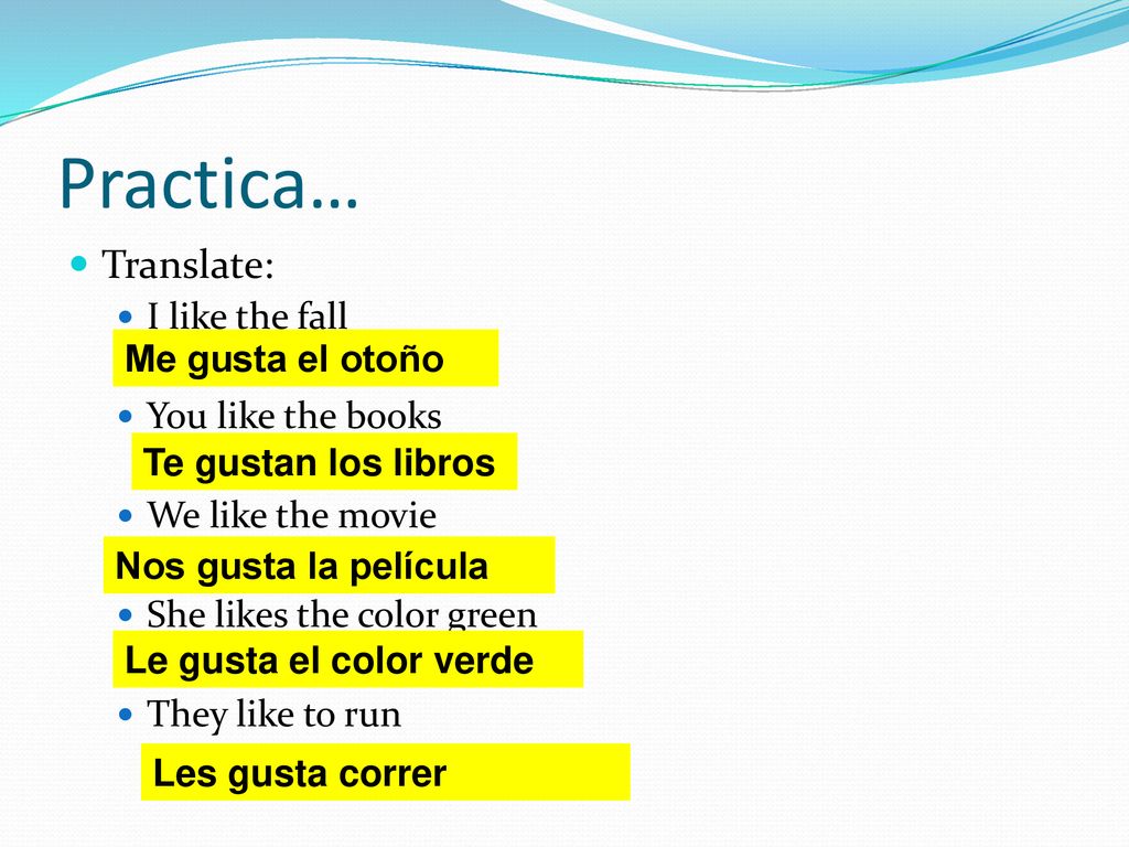 Practica… Translate: I like the fall You like the books