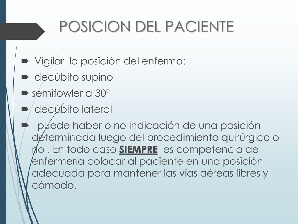 POSICION DEL PACIENTE Vigilar la posición del enfermo: decúbito supino