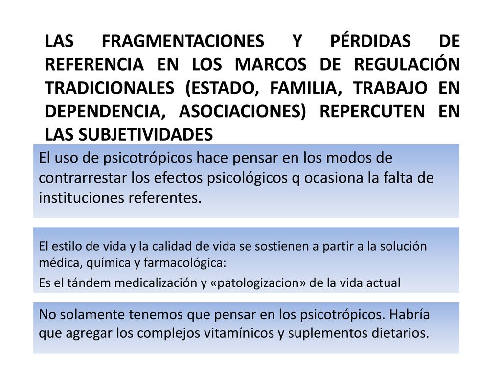 Las fragmentaciones y pérdidas de referencia en los marcos de regulación tradicionales (Estado, familia, trabajo en dependencia, asociaciones) repercuten en las subjetividades
