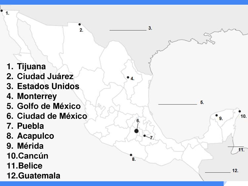 Tijuana Ciudad Juárez. Estados Unidos. Monterrey. Golfo de México. Ciudad de México. Puebla. Acapulco.