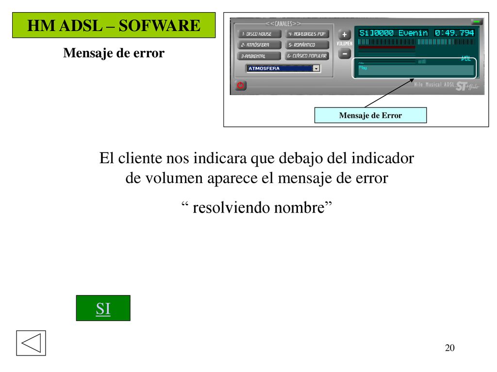 HM ADSL – SOFWARE Mensaje de error. Mensaje de Error. El cliente nos indicara que debajo del indicador de volumen aparece el mensaje de error.