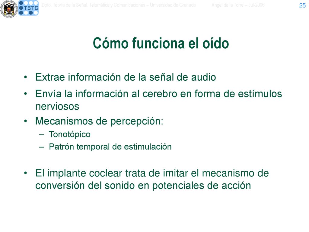 Cómo funciona el oído Extrae información de la señal de audio