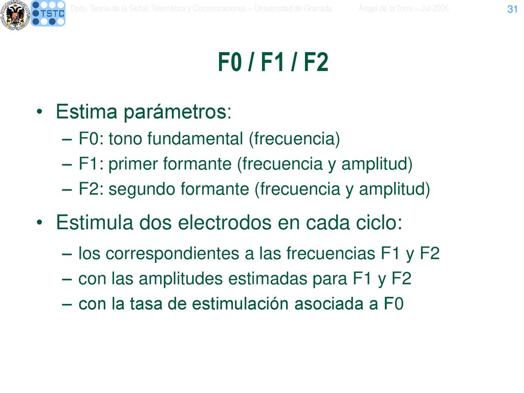 F0 / F1 / F2 Estima parámetros: Estimula dos electrodos en cada ciclo: