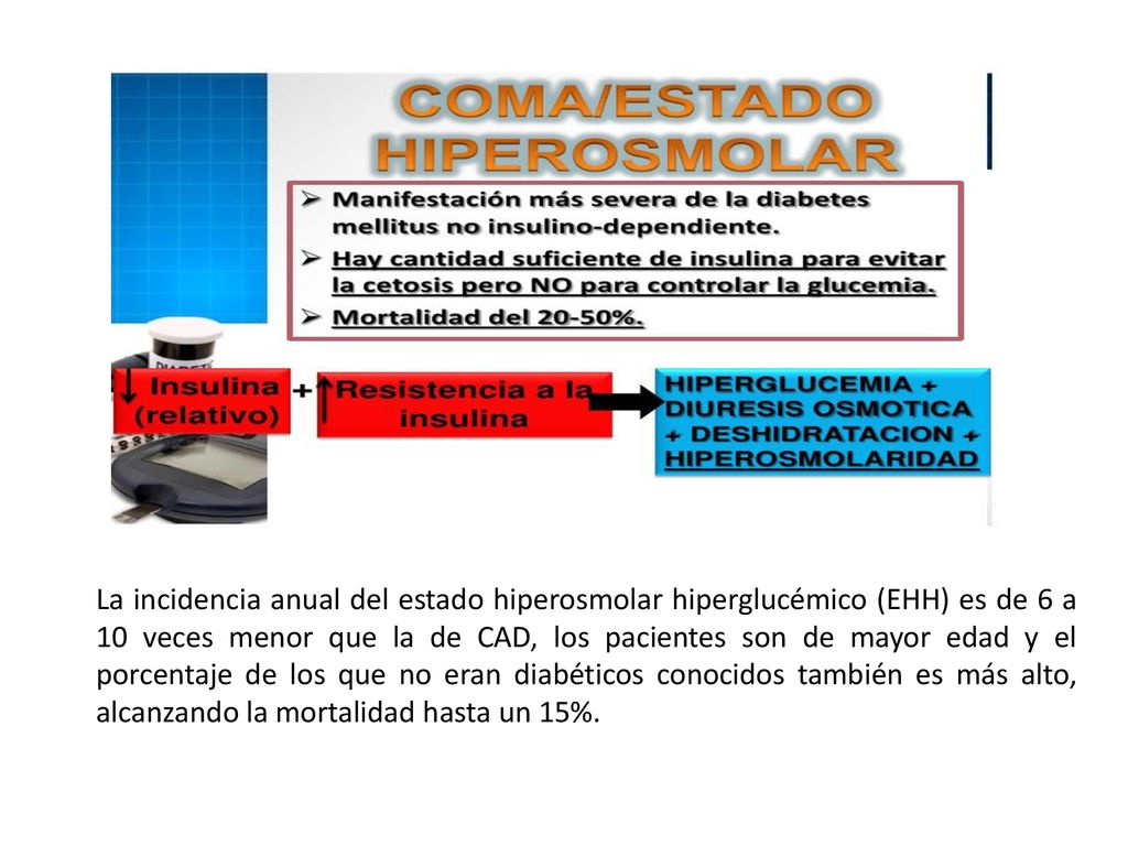 La incidencia anual del estado hiperosmolar hiperglucémico (EHH) es de 6 a 10 veces menor que la de CAD, los pacientes son de mayor edad y el porcentaje de los que no eran diabéticos conocidos también es más alto, alcanzando la mortalidad hasta un 15%.