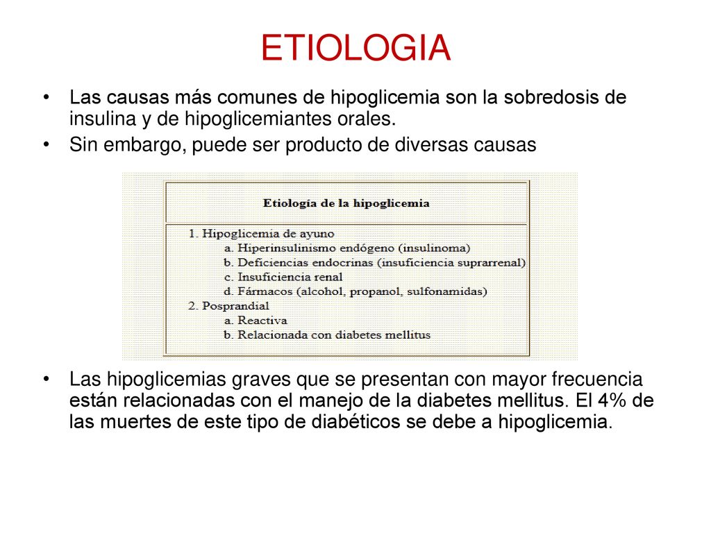 ETIOLOGIA Las causas más comunes de hipoglicemia son la sobredosis de insulina y de hipoglicemiantes orales.