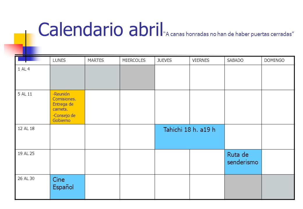 Calendario abril A canas honradas no han de haber puertas cerradas