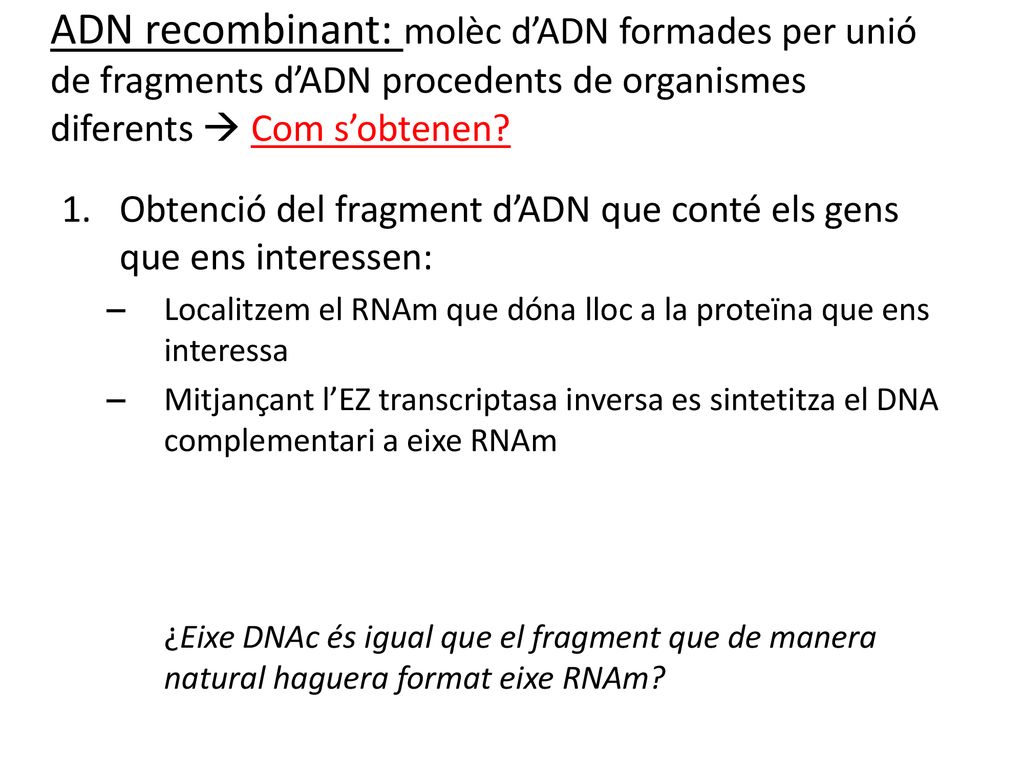 ADN recombinant: molèc d’ADN formades per unió de fragments d’ADN procedents de organismes diferents  Com s’obtenen