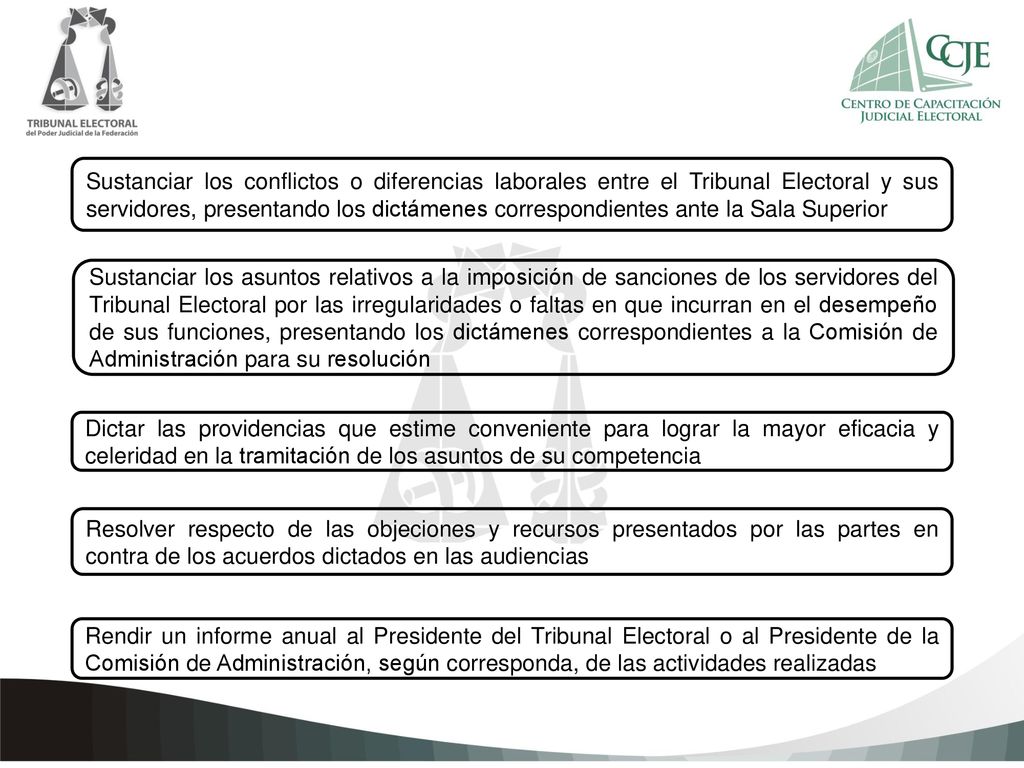 Sustanciar los conflictos o diferencias laborales entre el Tribunal Electoral y sus servidores, presentando los dictámenes correspondientes ante la Sala Superior