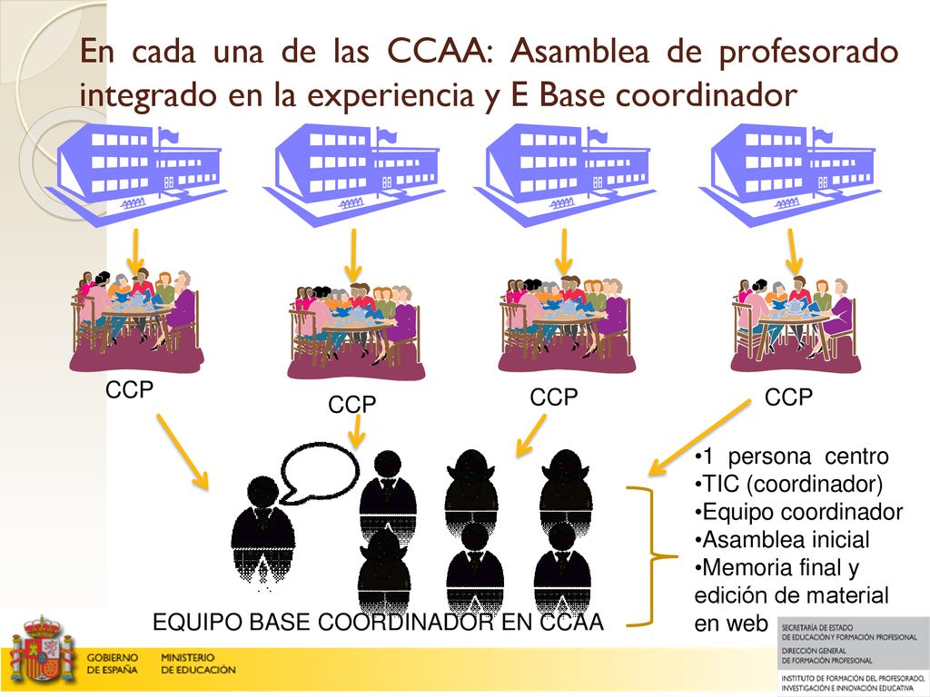 En cada una de las CCAA: Asamblea de profesorado integrado en la experiencia y E Base coordinador