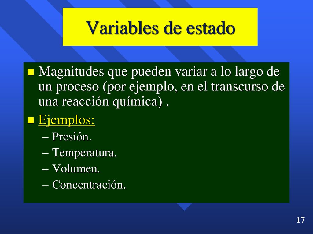 Variables de estado Magnitudes que pueden variar a lo largo de un proceso (por ejemplo, en el transcurso de una reacción química) .
