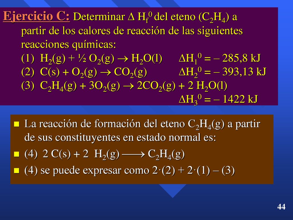 Ejercicio C: Determinar  Hf0 del eteno (C2H4) a partir de los calores de reacción de las siguientes reacciones químicas: (1) H2(g) + ½ O2(g)  H2O(l) H10 = – 285,8 kJ (2) C(s) + O2(g)  CO2(g) H20 = – 393,13 kJ (3) C2H4(g) + 3O2(g)  2CO2(g) + 2 H2O(l) H30 = – 1422 kJ