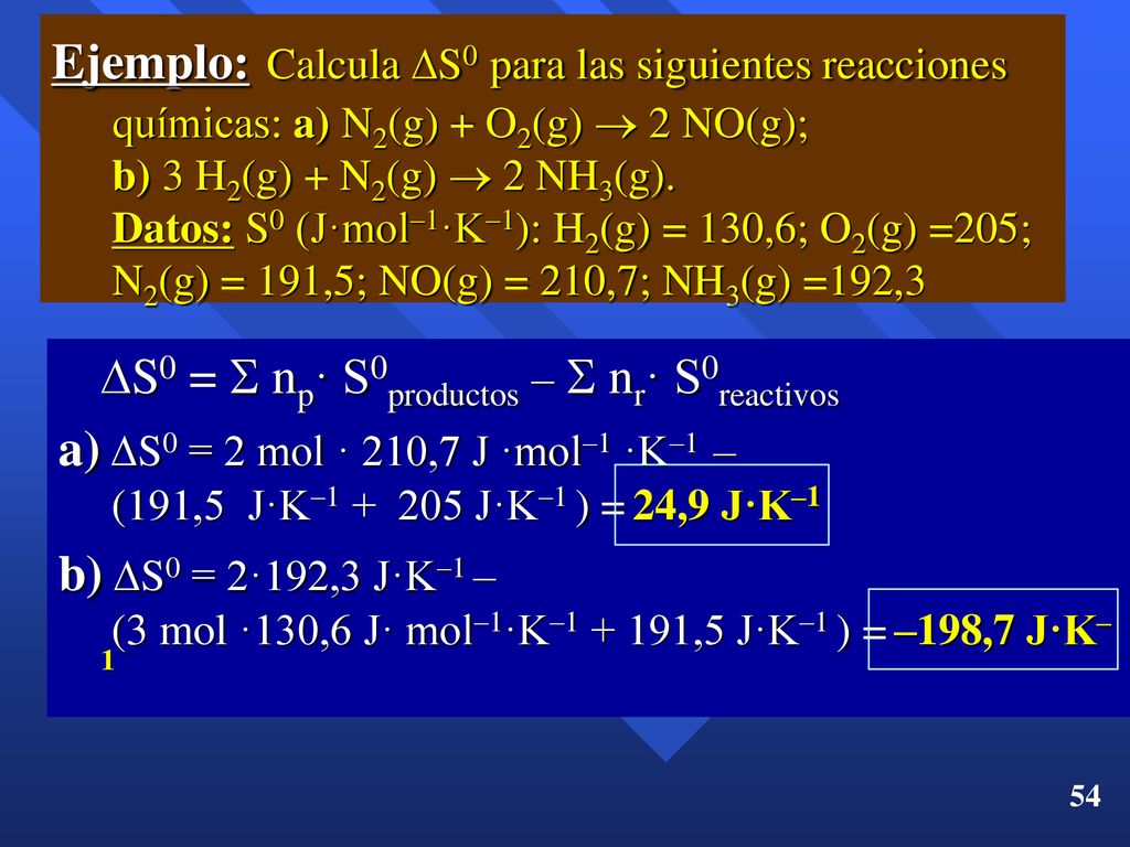 Ejemplo: Calcula S0 para las siguientes reacciones químicas: a) N2(g) + O2(g)  2 NO(g); b) 3 H2(g) + N2(g)  2 NH3(g). Datos: S0 (J·mol–1·K–1): H2(g) = 130,6; O2(g) =205; N2(g) = 191,5; NO(g) = 210,7; NH3(g) =192,3