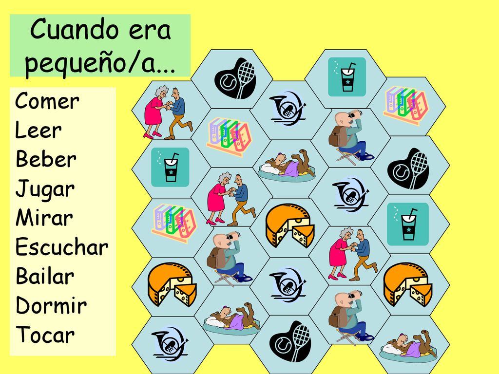 Cuando era pequeño/a... Comer Leer Beber Jugar Mirar Escuchar Bailar